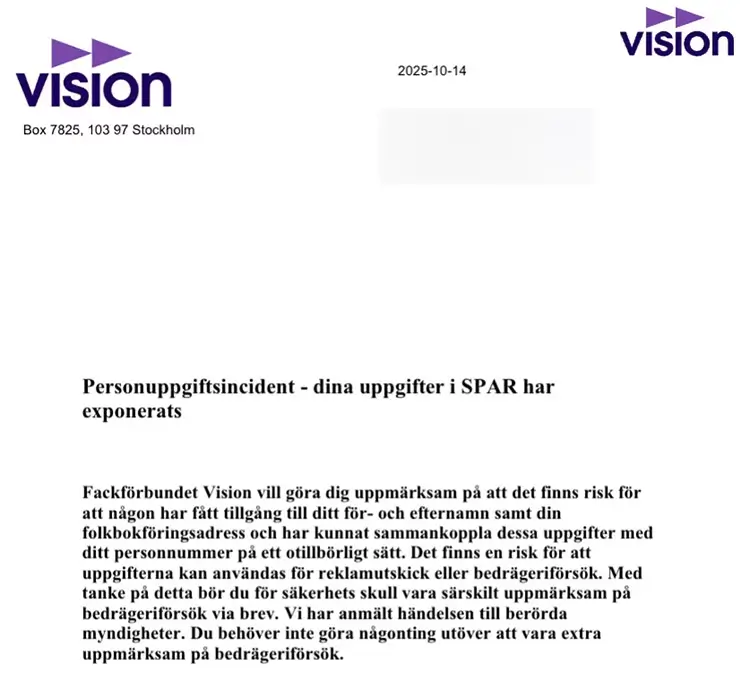 Massiv dataläcka hos Vision – nästan 300 000 personuppgifter exponerade från fackförbundet